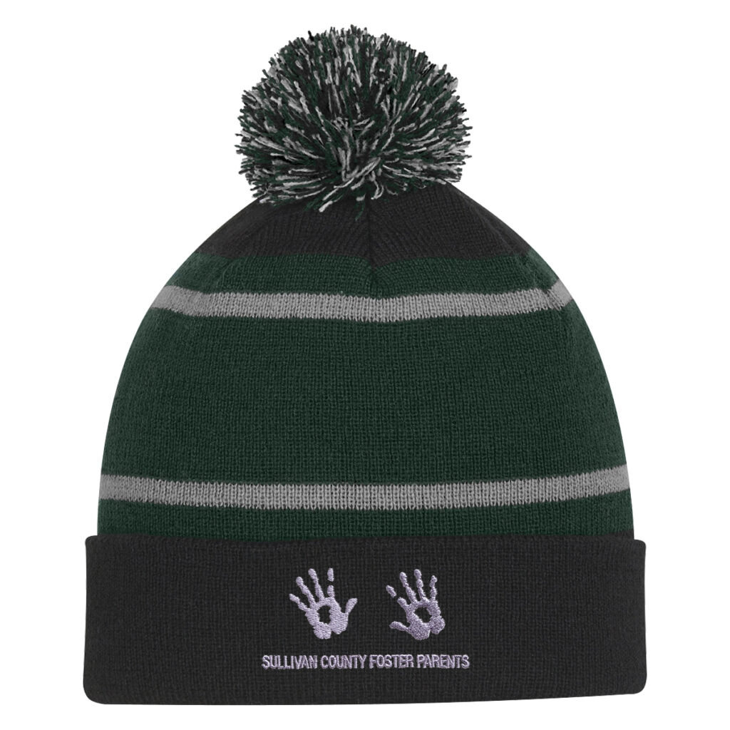 Tri-Tone Striped Pom Beanie with Cuff - 1098_GRFBLK_Embroidery