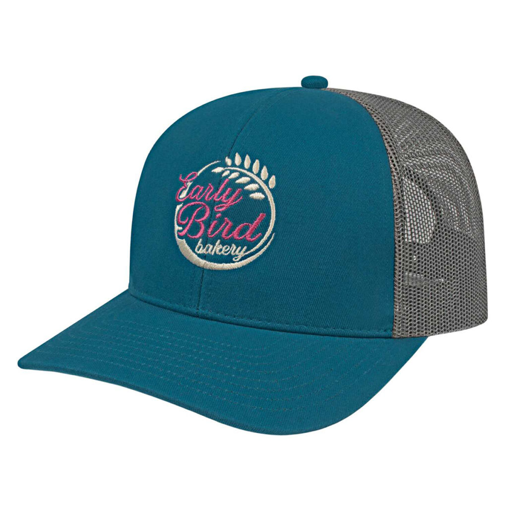 Cap America Poly/Cotton Trucker Mesh Back Cap - SM-8403MBC-logo-marine-blue-charcoal-FR